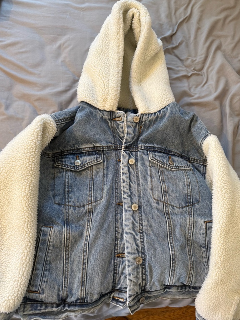 Denim Sherpa Hooded Jacket in Cream and Light Blue